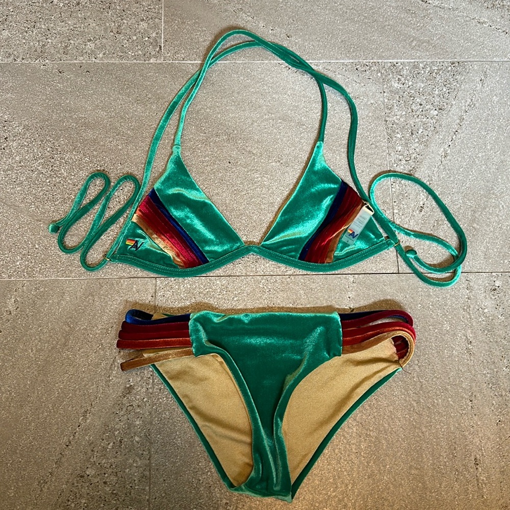Aviator Nation Green Velvet Rainbow Bikini Swim Size Small